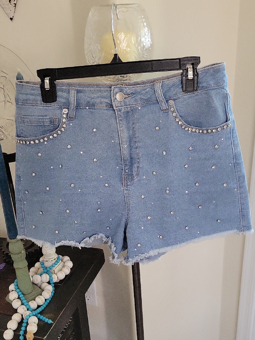 Forever 21 Light Blue Denim Rhinestone Embellished Jean Shorts